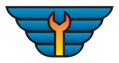 Blue winged emblem with orange wrench symbol in the center