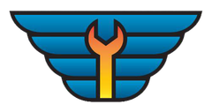 Blue winged emblem with orange wrench symbol in the center