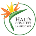 Hall's Complete Landscape logo with green circle and orange-yellow flower graphic