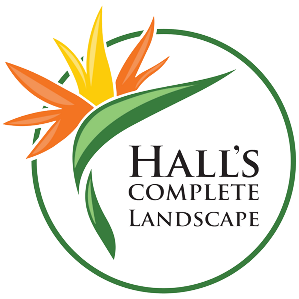 Hall's Complete Landscape logo with green circle and orange-yellow flower graphic
