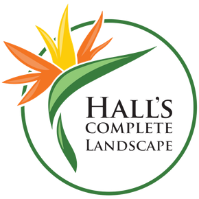 Hall's Complete Landscape logo with green circle and orange-yellow flower graphic