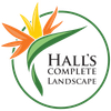 Hall's Complete Landscape logo with green circle and orange-yellow flower graphic