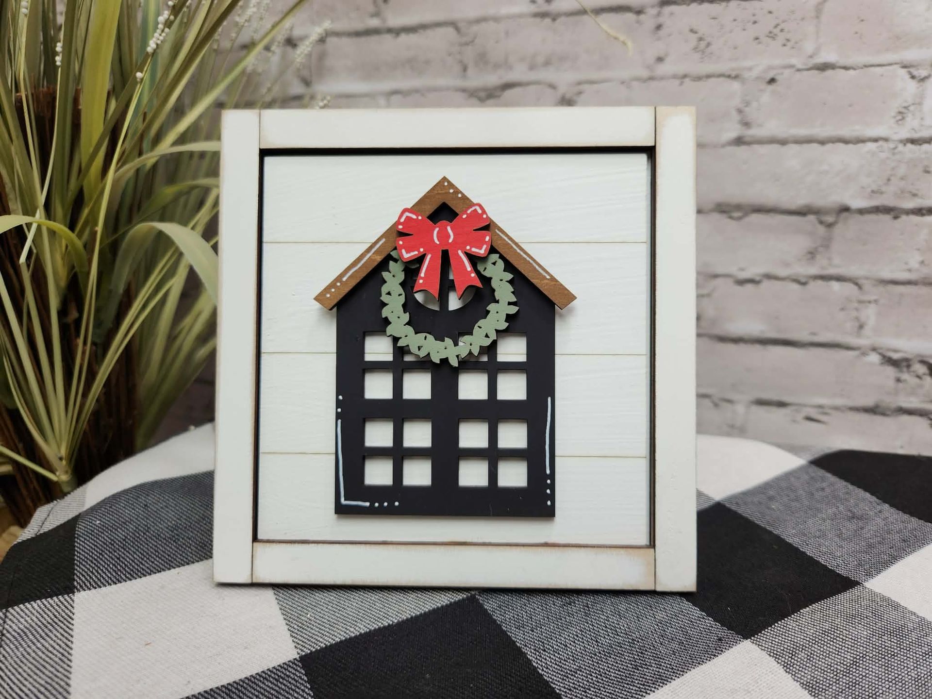 Black house with Christmas wreath Change Out Square,  Black house with Christmas wreath,Black house with Christmas wreath tiered tray decor,Black house with Christmas wreath dough bowl décor