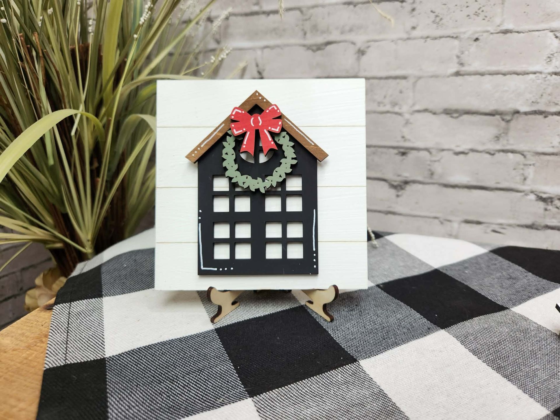 Black house with Christmas wreath Change Out Square,  Black house with Christmas wreath,Black house with Christmas wreath tiered tray decor,Black house with Christmas wreath dough bowl décor