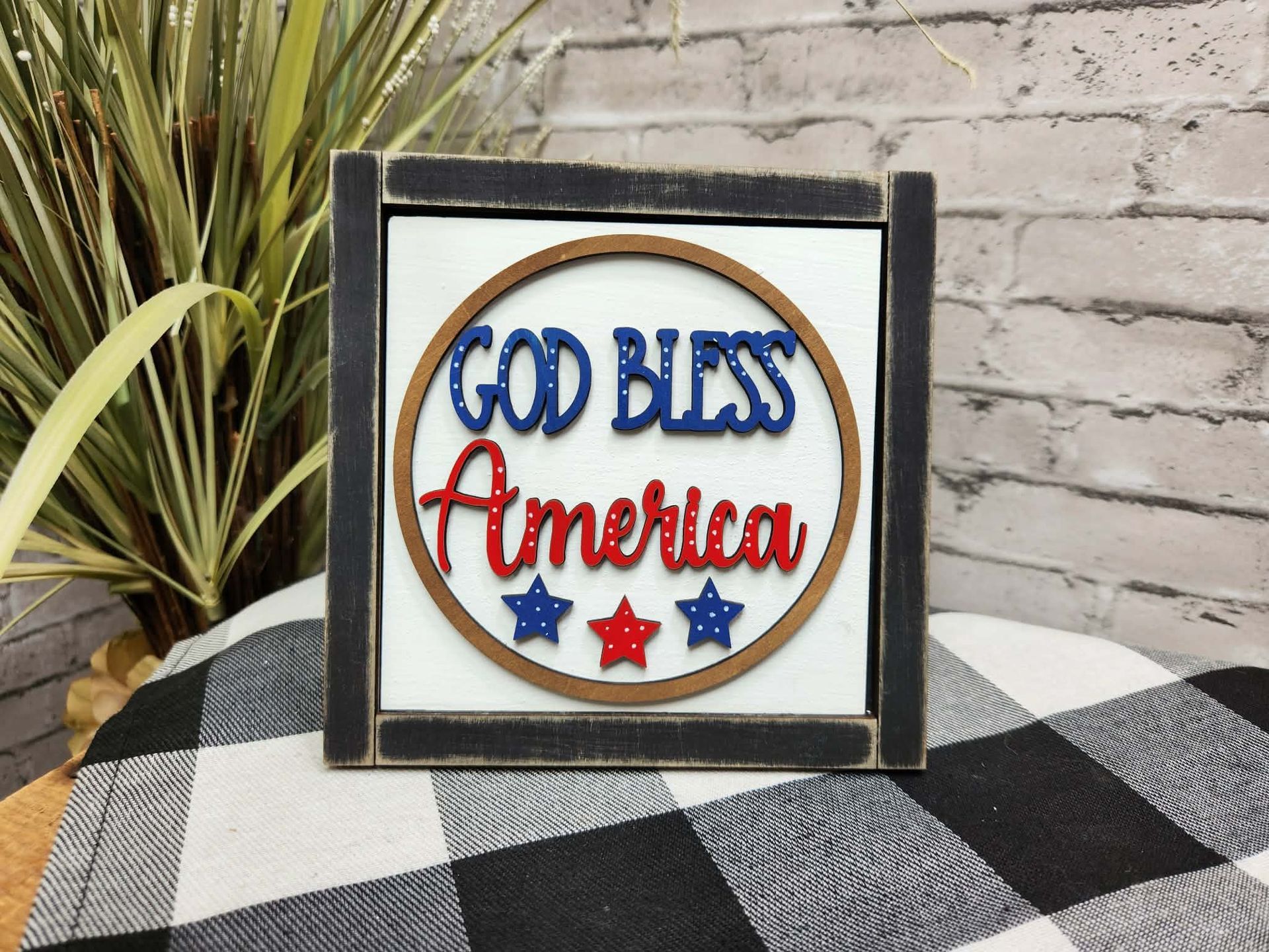 God Bless America Change Out Square, God Bless America decor, God Bless America tiered tray decor, God Bless America  dough bowl décor