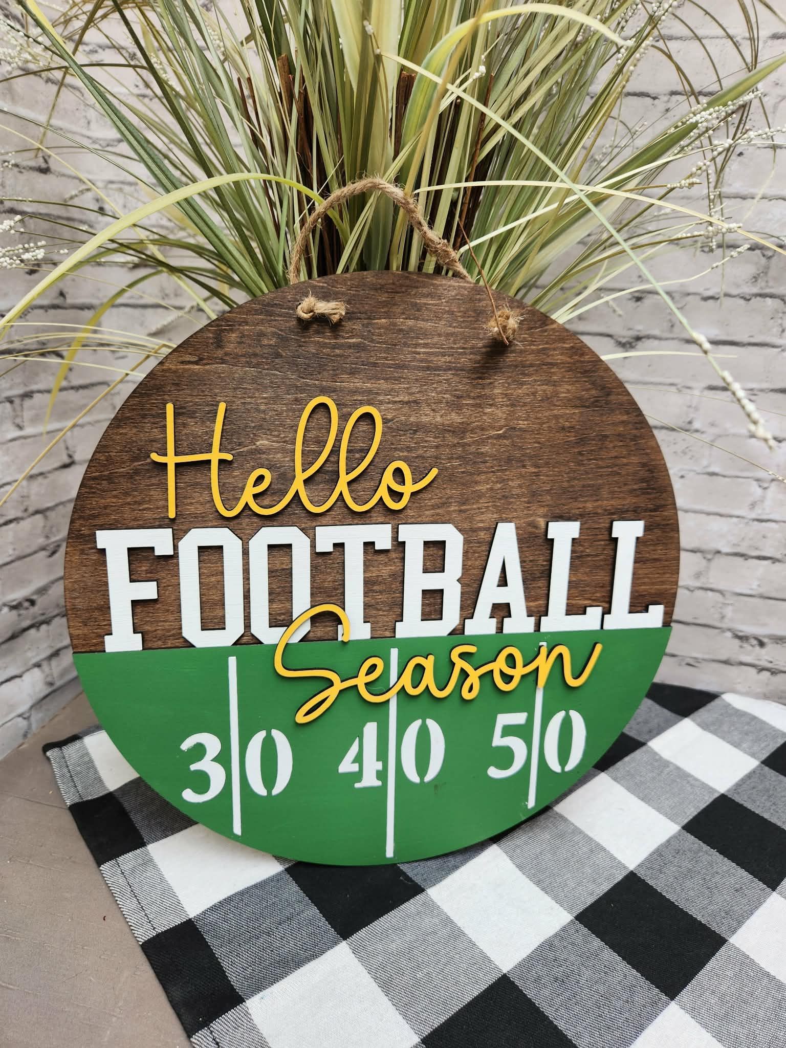 Round football door sign, Round football door hanger, round Hello Football Season door hanger