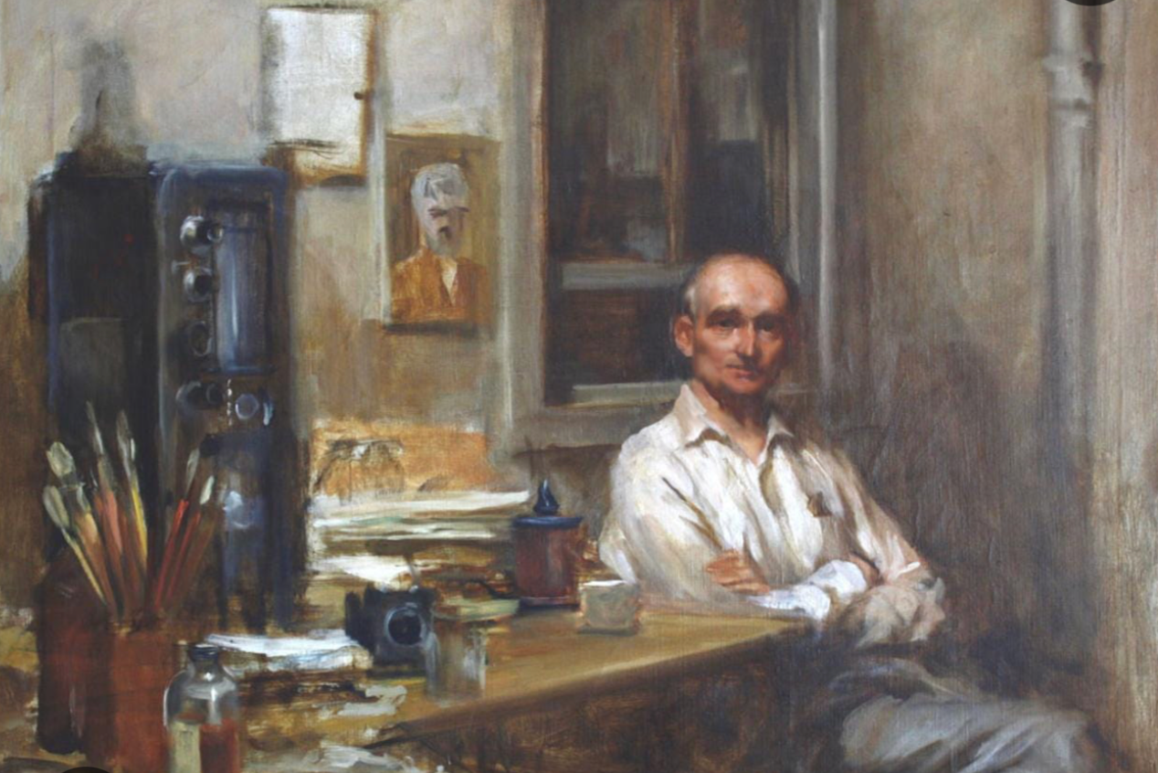 A painting of a man sitting at a table with his arms crossed.
