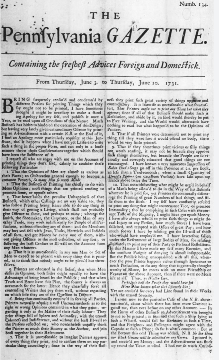 The front page of the pennsylvania gazette