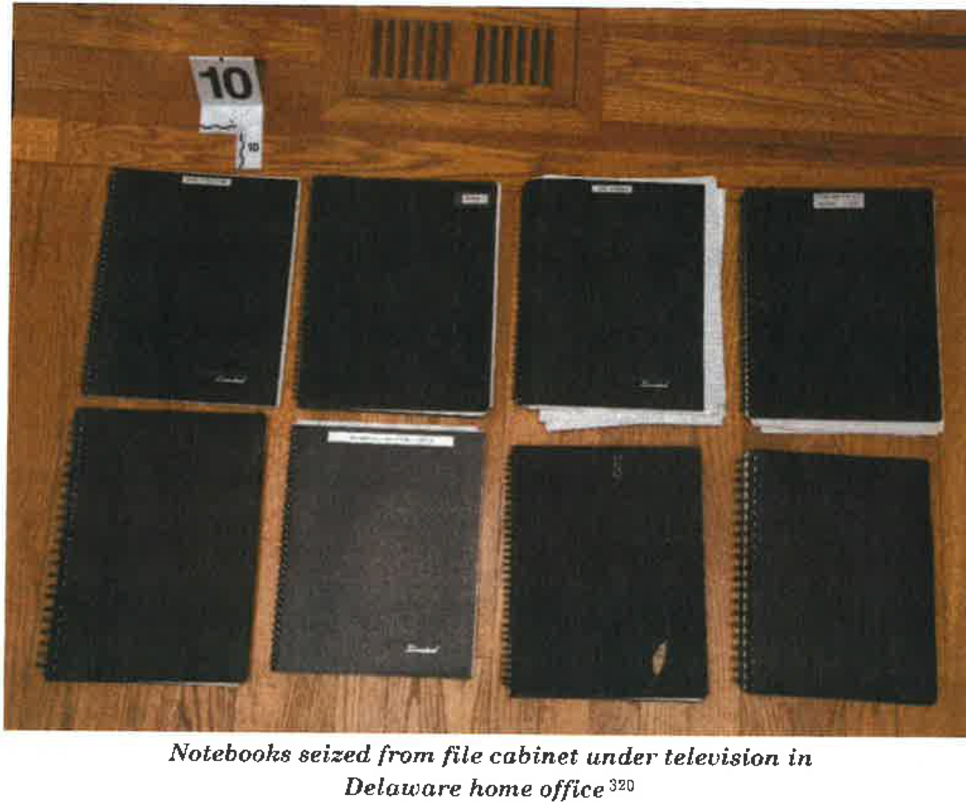 A bunch of notebooks are lined up on a wooden floor