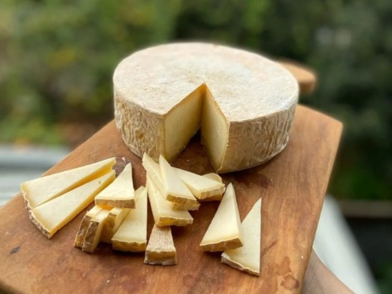 Fatia de queijo em formato de roda sobre uma tábua de madeira com várias fatias cortadas e dispostas à frente.