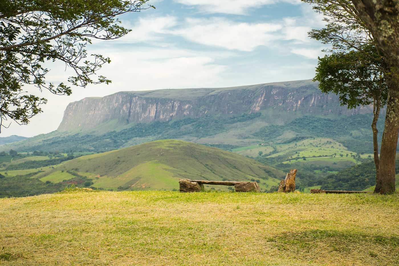 Ampla planície gramada com uma montanha de topo plano ao longe, sob um céu nublado, emoldurada por árvores.