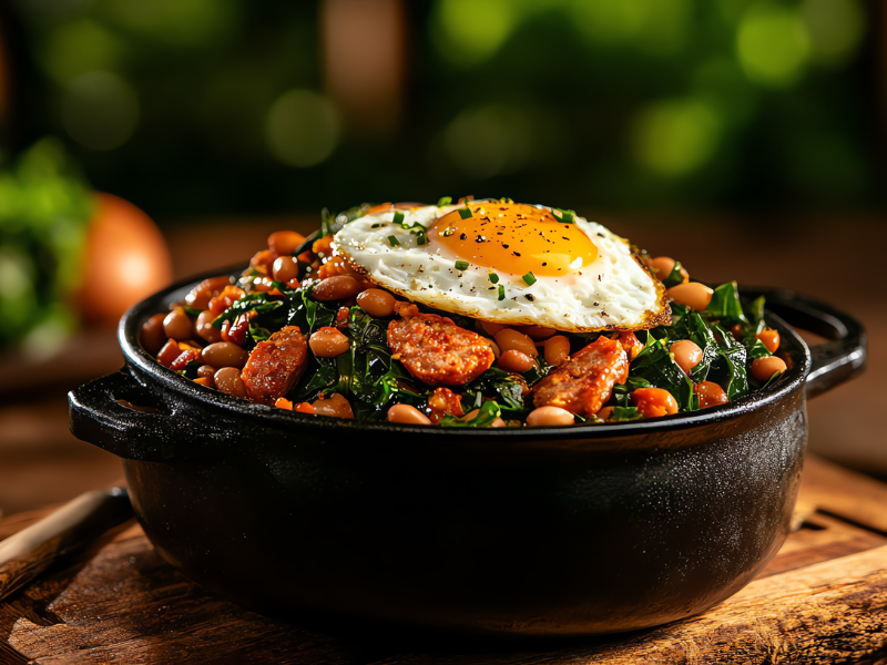 Tigela preta de feijão e verduras com um ovo frito por cima, sobre uma mesa de madeira.