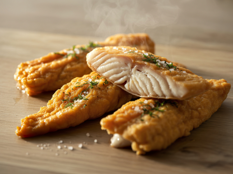 Filés de peixe fritos até dourar, servidos sobre uma superfície de madeira, cobertos com ervas e uma fatia de limão.