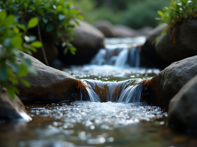 Pequeno riacho rochoso com água caindo em cascata sobre as pedras em meio a uma floresta verdejante.