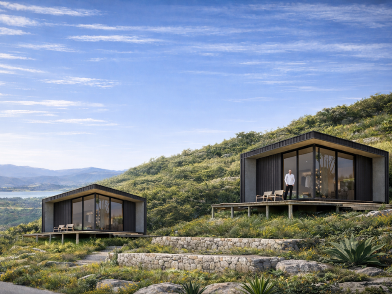 Duas cabanas modernas em uma encosta gramada, com uma pessoa em pé no deck da direita sob um céu azul.