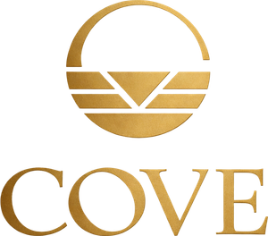 Logotipo dourado da COVE com emblema circular estilizado e a palavra “COVE” abaixo.