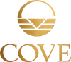Logotipo dourado da COVE com emblema circular estilizado e a palavra “COVE” abaixo.