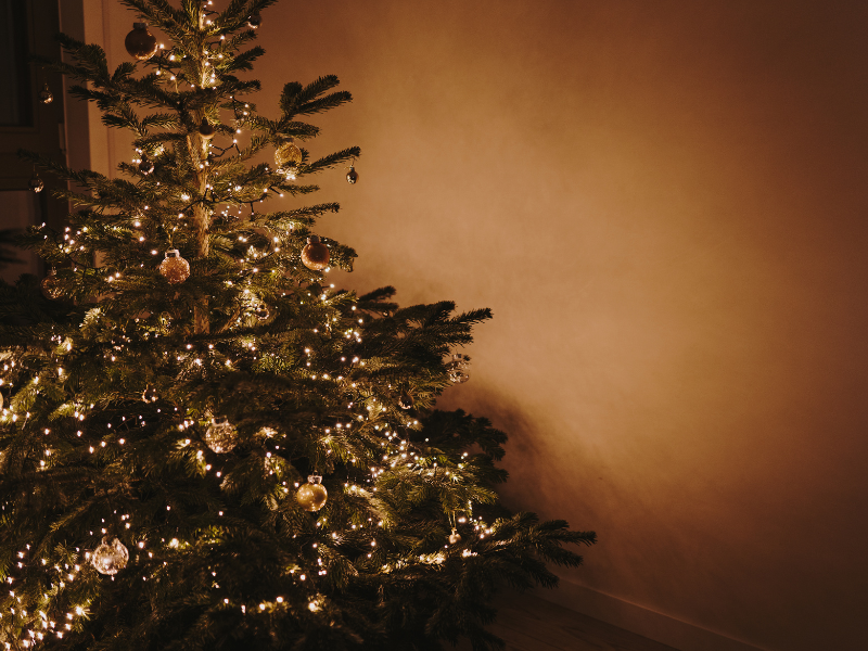 Árvore de Natal decorada com luzes brancas quentes ao lado de uma parede bege.