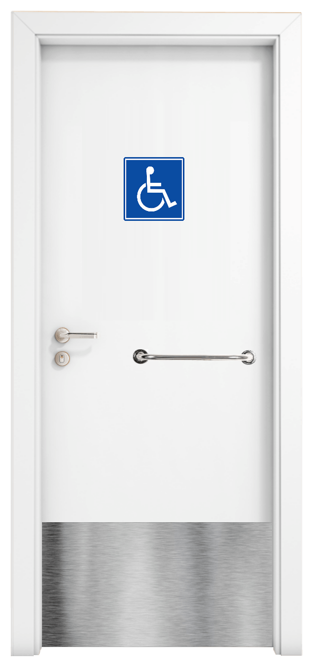 Uma porta branca com uma placa de deficiente.