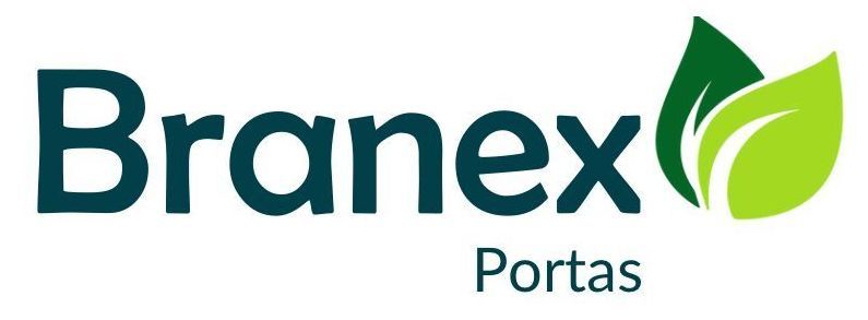 Um logotipo para branex portas com uma folha verde em um fundo branco.
