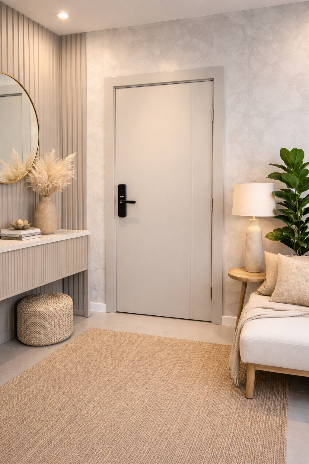 Uma foto de uma porta que diz cinza gianduia kit porta pronta cinza pronta para instalar