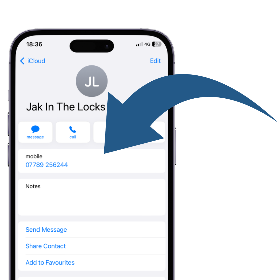 Call 07789 265 244 iPhone screen showing contacts page with Jak in the Locks displayed