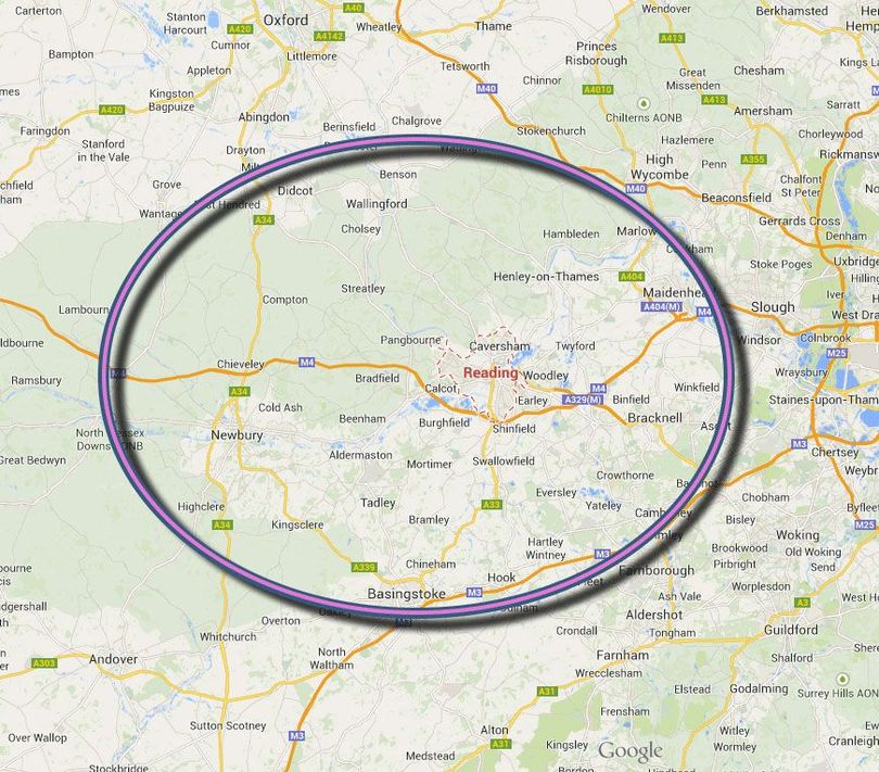 Map of Reading showing areas covered bu locksmith