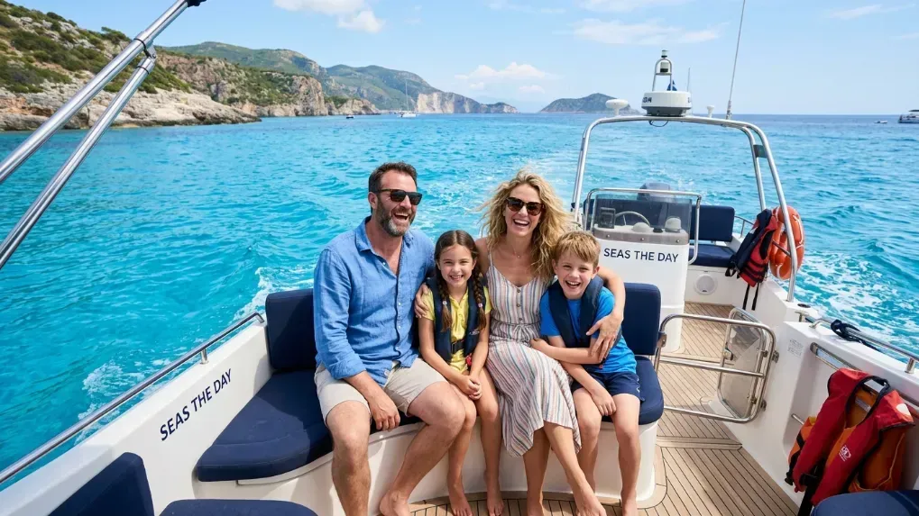 A family smiling on a boat with clear blue water in the background
