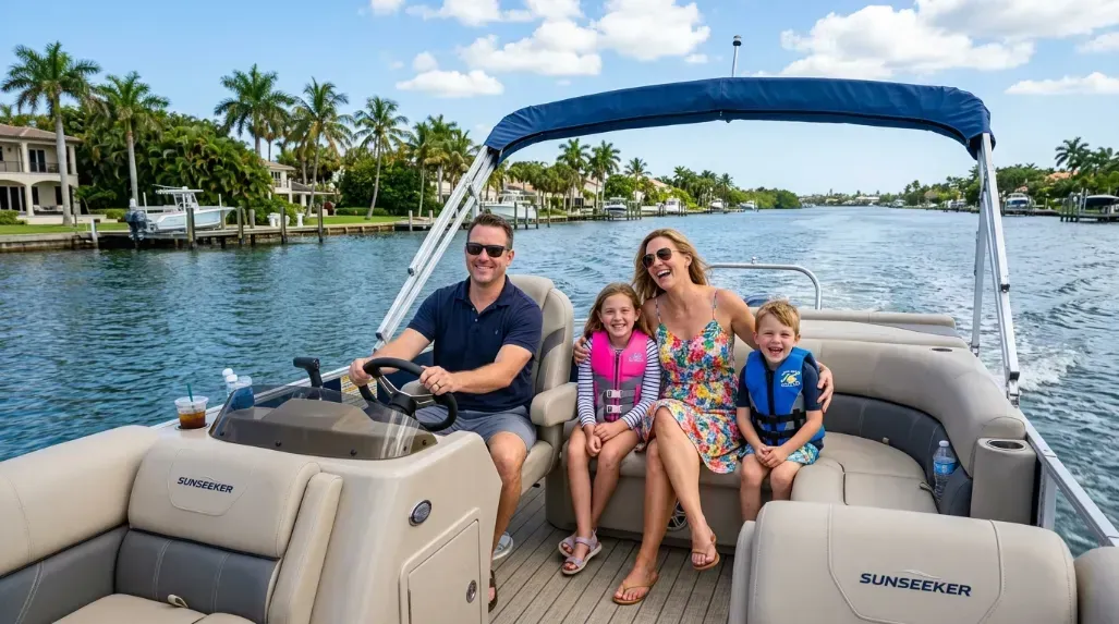 A family smiling on a spacious pontoon boat cruising through the calm Intracoastal Waterway of Florida