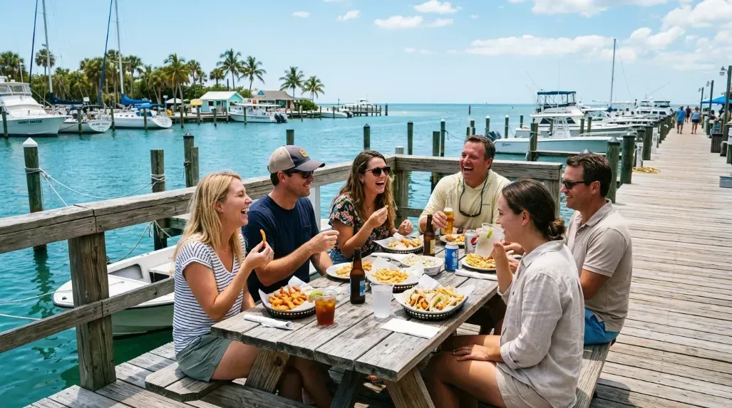 A group of friends eating lunch on a sunny boat dock