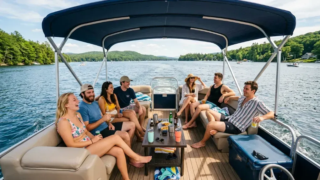 A group of friends relaxing on the spacious deck of a pontoon boat under a large bimini top