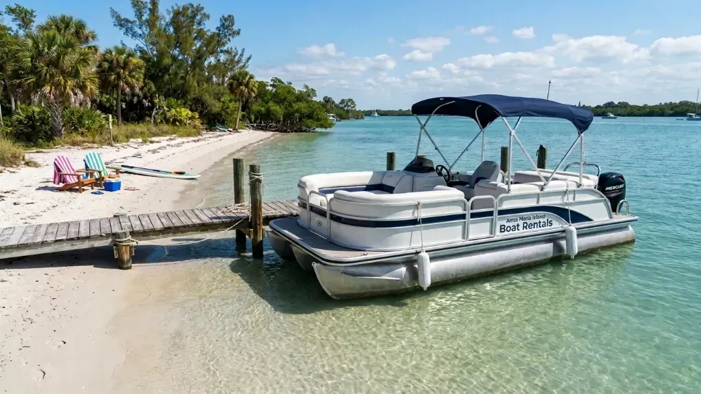 A pristine pontoon boat docked near a shallow, sandy beach.
