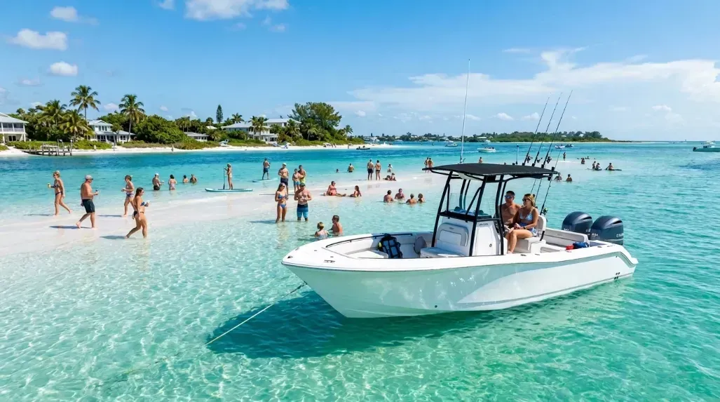 A pristine white center console boat anchored near a vibrant turquoise sandbar on Anna Maria Island