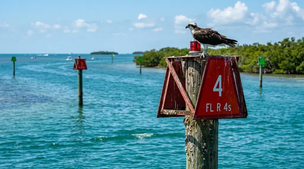 A close up of navigational channel markers in the Florida ocean with an osprey perched on top