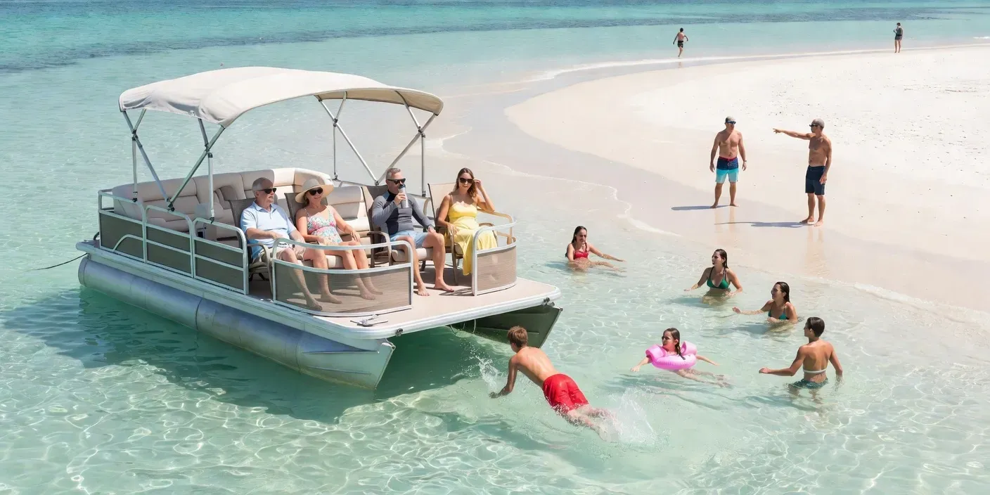 A shaded pontoon boat floats in clear turquoise shallows as families swim and relax nearby; sunlit white sand and a calm, cheerful beach scene.