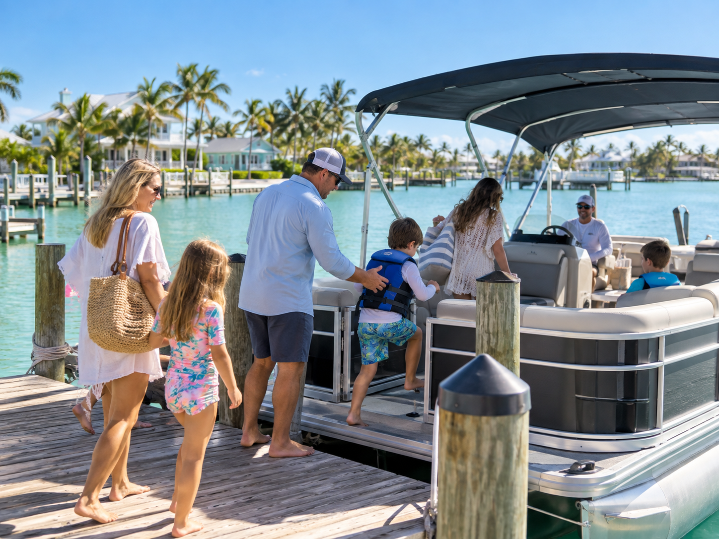 photographic scene of families boarding a shaded pontoon at an Anna Maria Island dock under bright coastal light