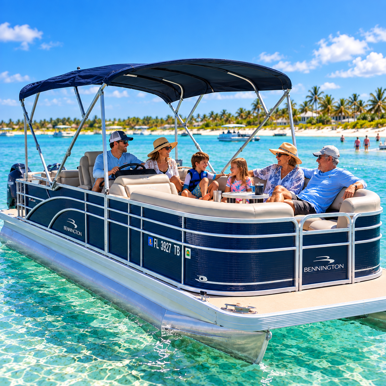 photographic view of a multi-generational group relaxing under a pontoon canopy while drifting near calm Anna Maria Island shallows