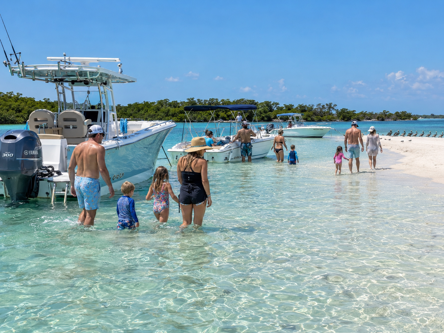 photographic scene of families wading from small boats onto a pale sandbar in the Intracoastal Waterway near Anna Maria Island with mangroves in the distance