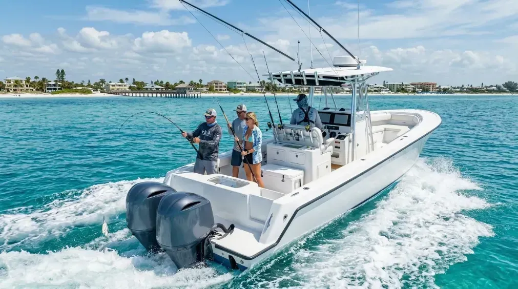 center-console boat underway off Anna Maria Island with anglers and clear Gulf water
