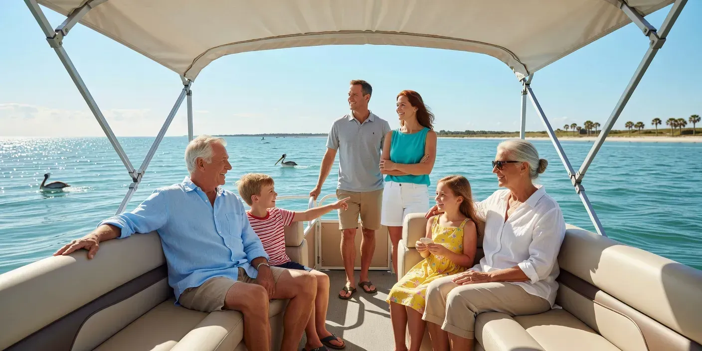 grandparents and children sharing high-back pontoon benches under a wide bimini while parents stand in a clear center aisle off Anna Maria Island
