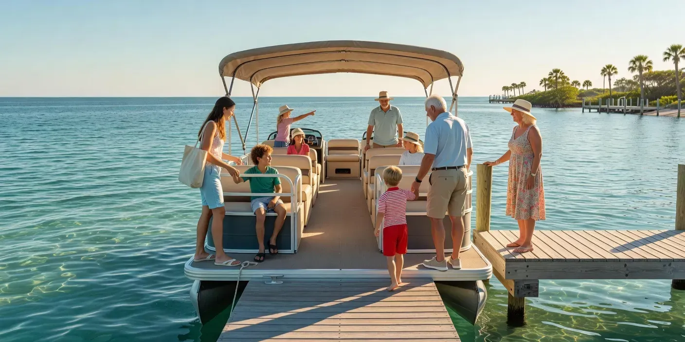 mixed-age family boarding a shaded pontoon at a sunny Anna Maria Island dock with clear center aisle and high-back benches
