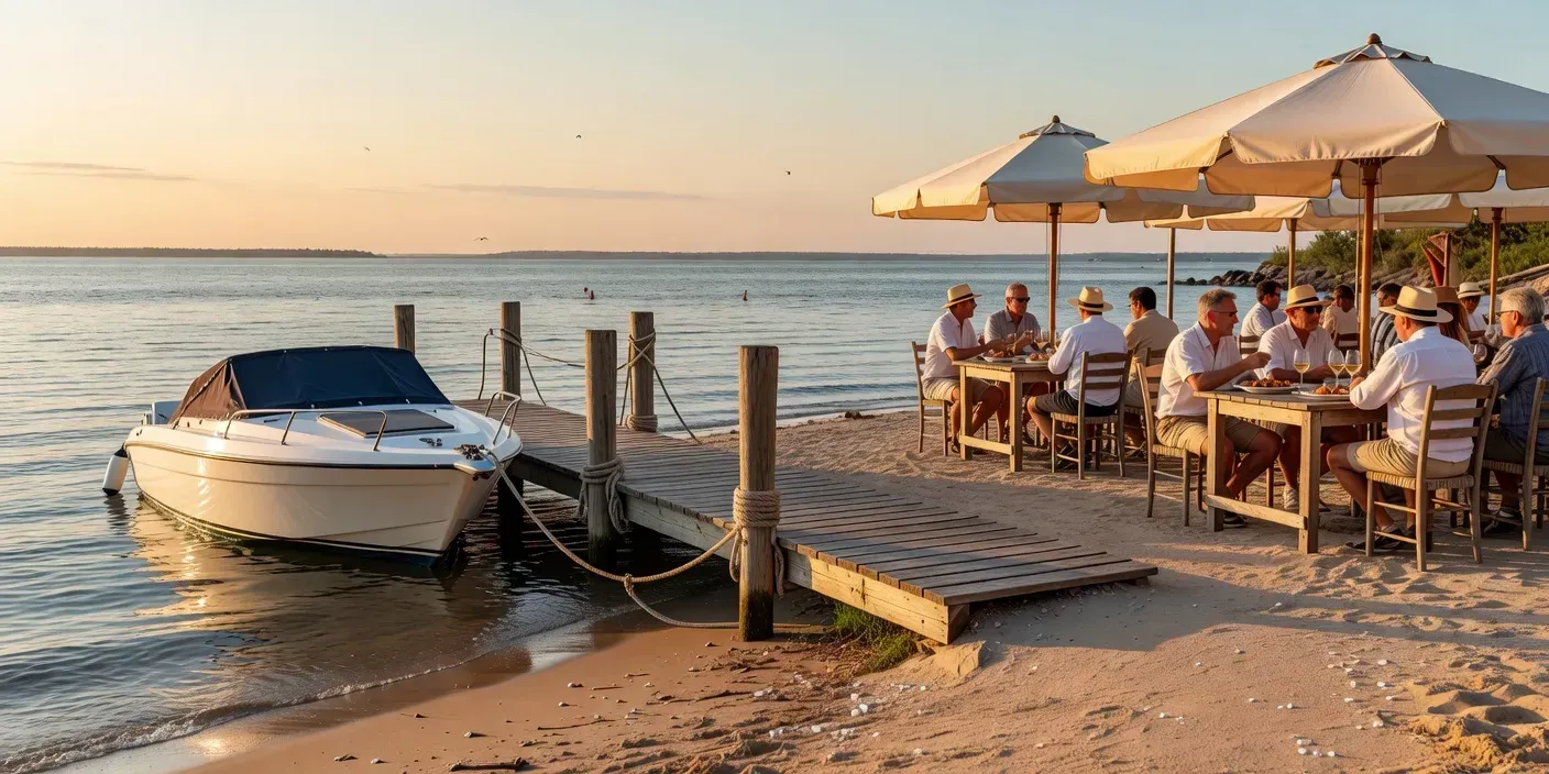 photographic late-afternoon scene of a small powerboat secured at a wooden bay dock with diners at umbrella tables across a sandy path
