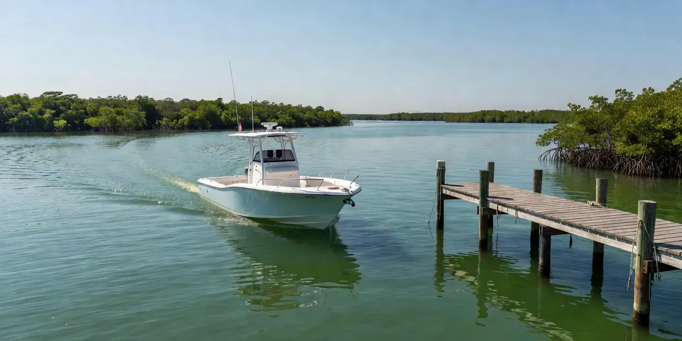 photographic midday view of a center-console boat idling toward a low wooden restaurant dock along calm green bay water with mangroves in the distance
