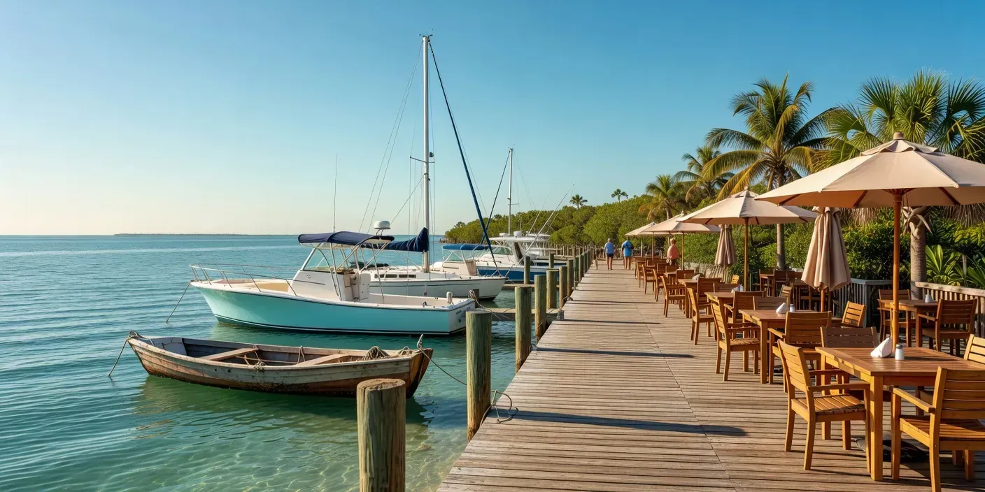 photographic view of boats tied along a sunny Anna Maria Island waterfront dock with outdoor restaurant seating nearby
