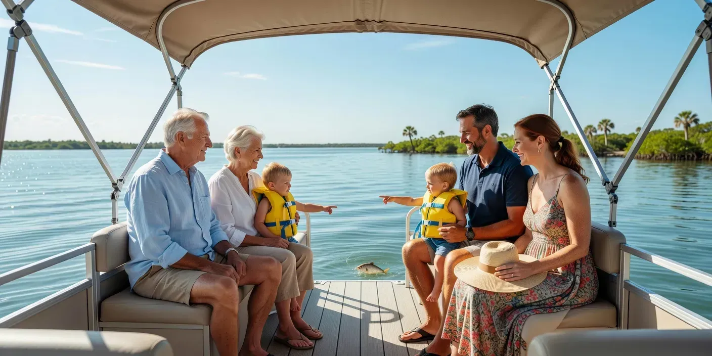 shaded pontoon deck with mixed-age family seated under a bimini on calm Anna Maria Island water
