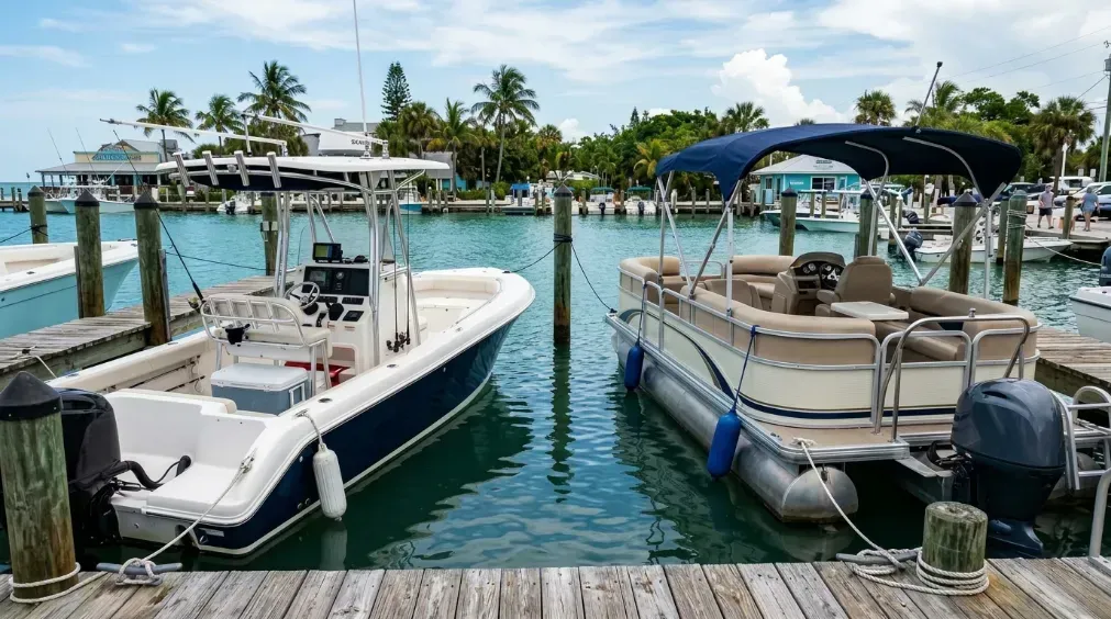 side-by-side view of center-console and pontoon boats at an Anna Maria Island dock
