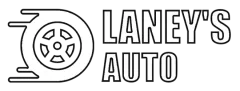 A black and white logo for laney 's auto with a tire in the middle.