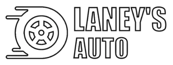 A black and white logo for laney 's auto with a tire in the middle.