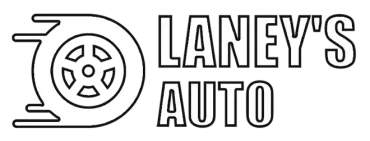 A black and white logo for laney 's auto with a tire in the middle.
