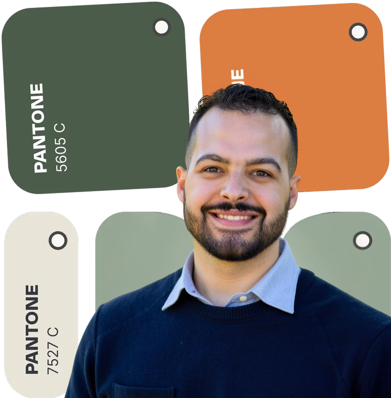 Man wearing sunglasses and a navy blazer, surrounded by color swatches: green, orange, and off-white.